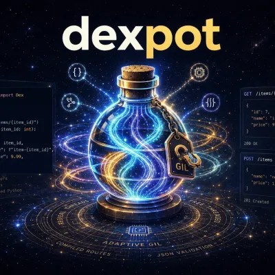 Dexpot potion artwork surrounded by Python API code and execution symbols